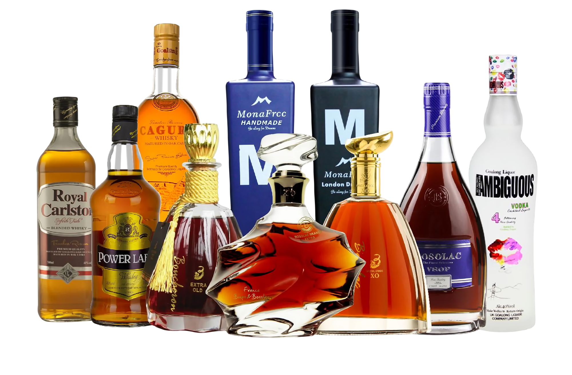 The Goalong Liquor range of whisky, gin, cognac and vodka