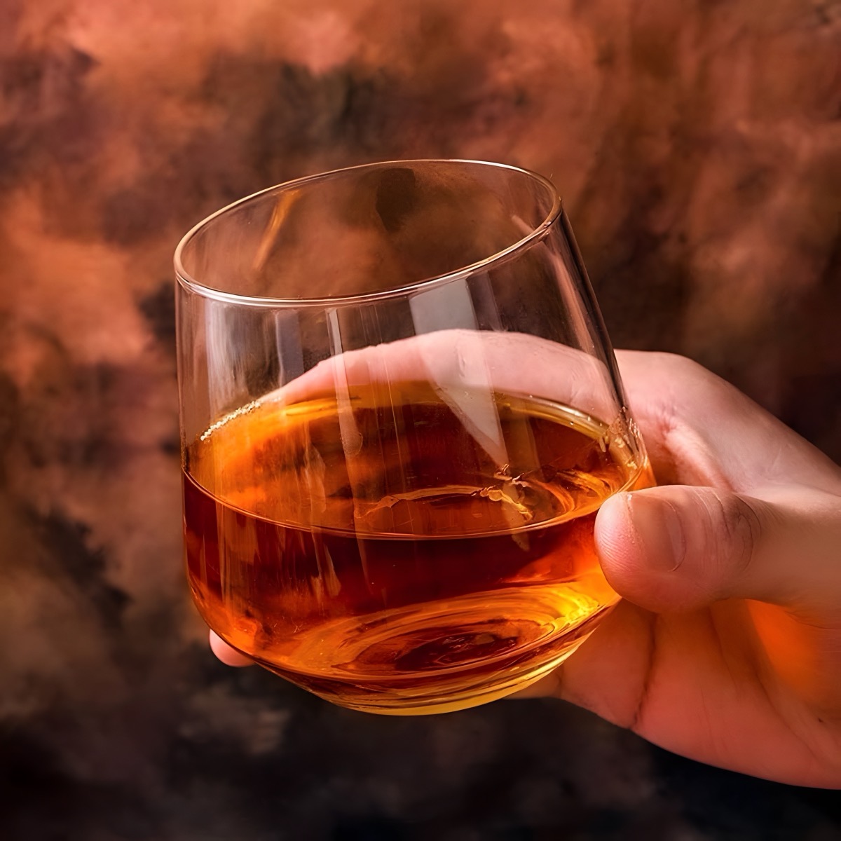 A glass of whisky in hand