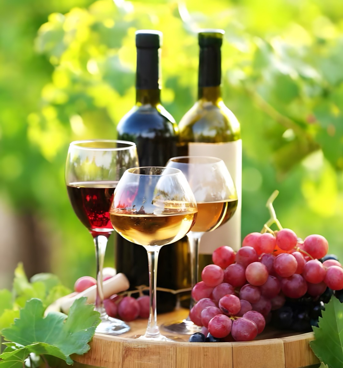 Red and white wine with grapes